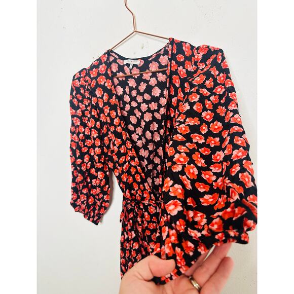 GANNI Red Black Floral Wrap Puff Sleeves V-Neckline Midi Dress size 36 - Picture 8 of 16